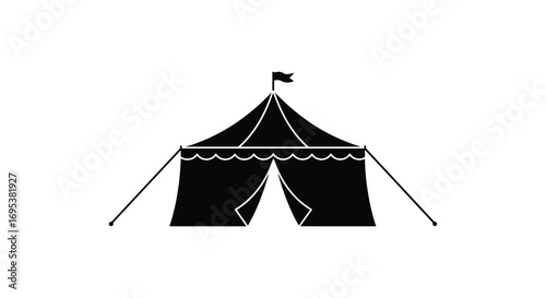 a black silhouette of a circus tent with flag