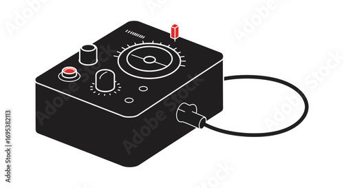 a compact black device with knobs dials and a cable