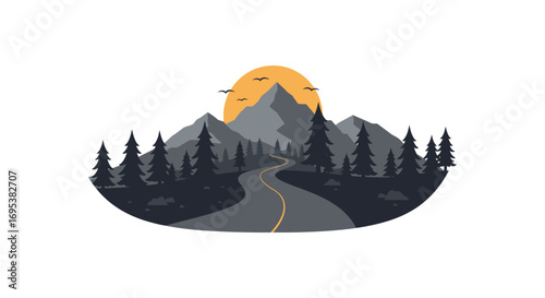 a winding road through forest with mountains and setting sun