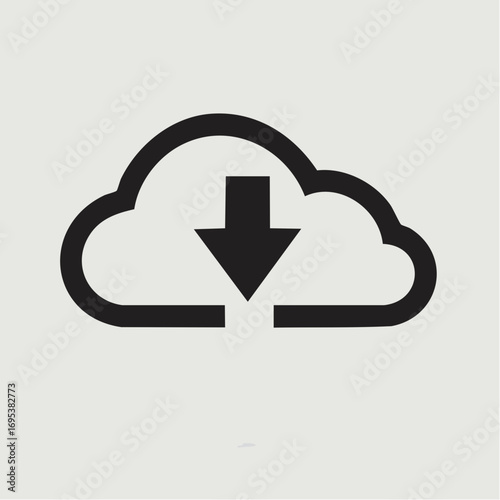 Minimalist black outline icon of a cloud with a downward arrow, representing the concept of downloading files, data transfer, and digital cloud storage technology