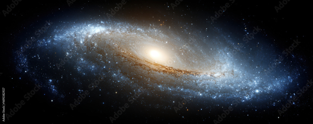 Naklejka premium Stunning spiral galaxy with bright core and swirling arms filled with stars and cosmic dust