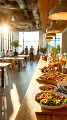Bright office break room scene featuring a fresh salad bar and distant workers in a modern and sunlit environment.