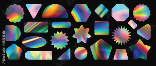 Set of Holographic Gradient Stickers in Various Shapes. Colorful Iridescent Labels
