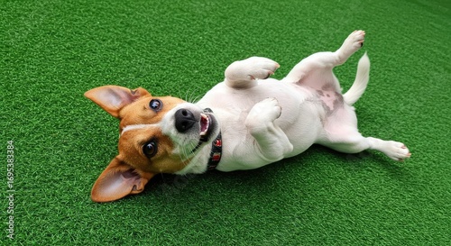 Playful Jack Russell Terrier Relaxing Upside Down on Artificial Turf