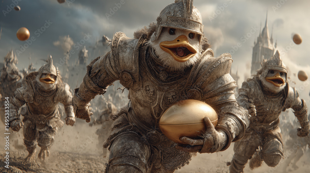 Fototapeta premium Armored ducks charge forward holding golden eggs in medieval fantasy setting, exuding determination and whimsy