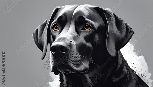 Detailed black Labrador portrait, grayscale