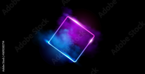Geometric figure in neon light against a dark tunnel. Laser glow. Neon backgrounds
