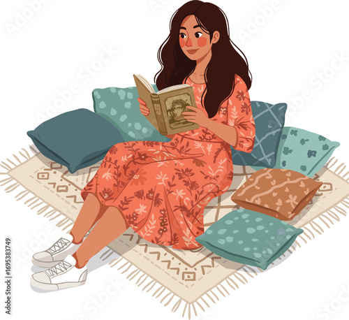 Illustration of a young woman reading a book while sitting on a patterned rug with colorful cushions, cozy and relaxed.