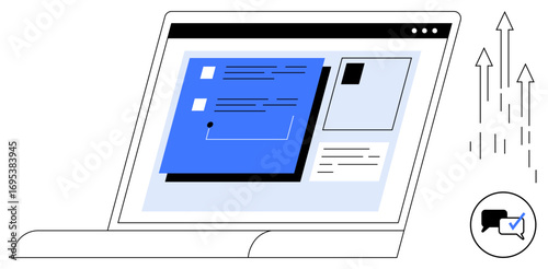 Laptop screen showcasing a user interface with task cards, notifications, progress arrows, and a chat checkbox icon. Ideal for workflow, productivity, communication, collaboration, task tracking