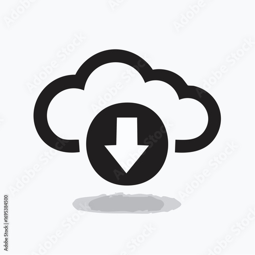 Minimalist black cloud download icon with a downward arrow, symbolizing data transfer and cloud computing technology on a white background