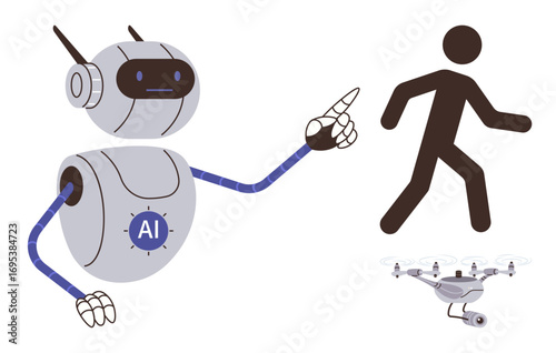 AI robot pointing towards a human silhouette with a hovering Quadcopter nearby. Ideal for future technology, AI-human interaction, robotics, automation, surveillance, innovation, digital