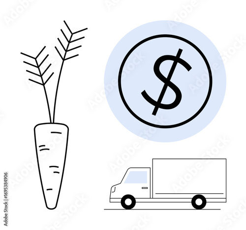 Carrot, large dollar sign over blue circle, delivery truck. Ideal for farming, pricing, sustainability, supply chain, delivery e-commerce agribusiness. Simple flat metaphor