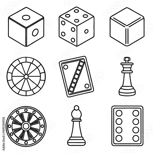 Outline drawing of dice, roulette wheel, game board and chess pieces on white background illustration
