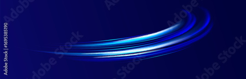 Semicircular wave, light vortex wake. Bright circle. Set of abstract light lines of movement and speed. Light line effect blue neon glow flare wave glowing shiny speed lines effect vector background.