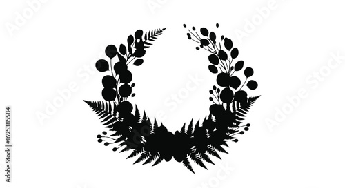 Elegant black silhouette of a botanical wreath with delicate leaves and berries on a white background, symbolizing nature and organic design.