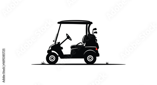a simple black silhouette of a golf cart with clubs