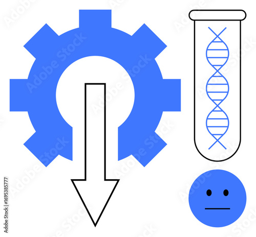Gear with downward arrow, test tube containing DNA strand, neutral blue face. Ideal for biotechnology, genetic research, innovation, science ethics, engineering, data analysis simple flat metaphor