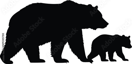 Silhouette of mother bear walking with cub isolated on white background, wild animal family, wildlife nature vector illustration graphic design