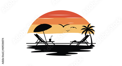 sunset beach scene with palm trees lounge chairs and flying birds