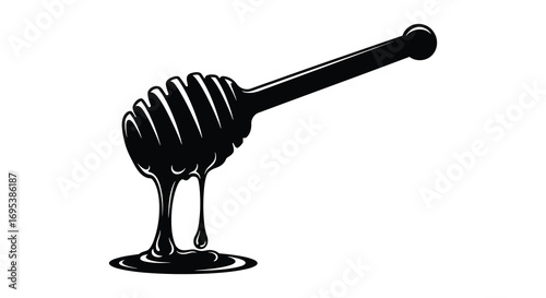 a honey dipper dripping sweet golden syrup into a pool below