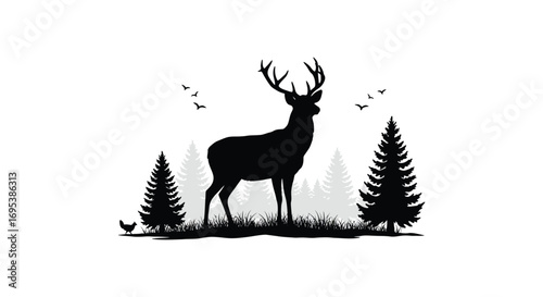 a majestic deer stands amidst trees with flying birds