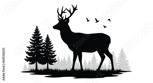 a majestic deer stands amidst tall trees under flying birds