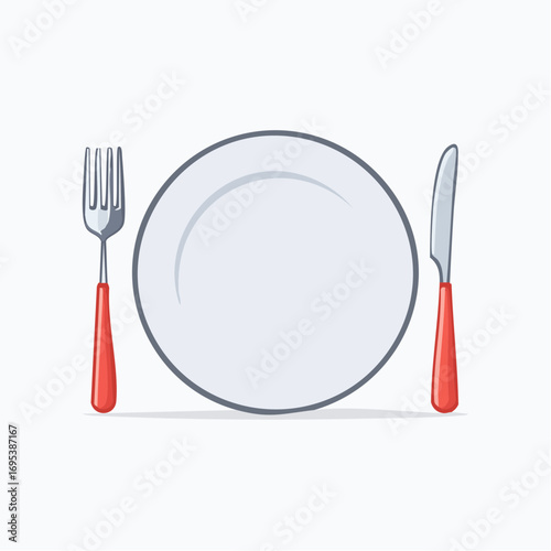 Dining Essentials: A minimalist illustration presents a pristine white plate flanked by a sleek knife and fork, all ready for culinary pleasure. 