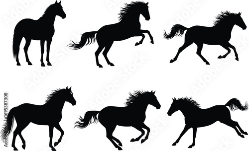 Horse silhouette collection, running horses, galloping stallions, wild mustang illustration, powerful motion, elegant animal vector, equine artwork, black horse icons