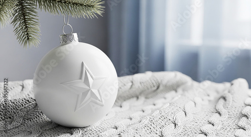 Elegant white star ornament on soft knit Christmas holiday decoration photography festive season celebration winter joy
