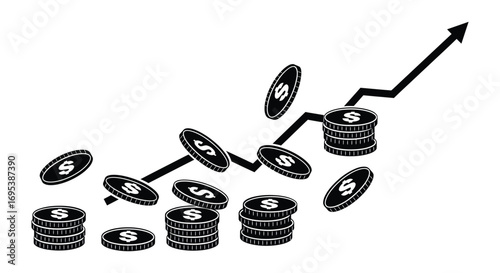 stacks of coins growing higher with an upward arrow