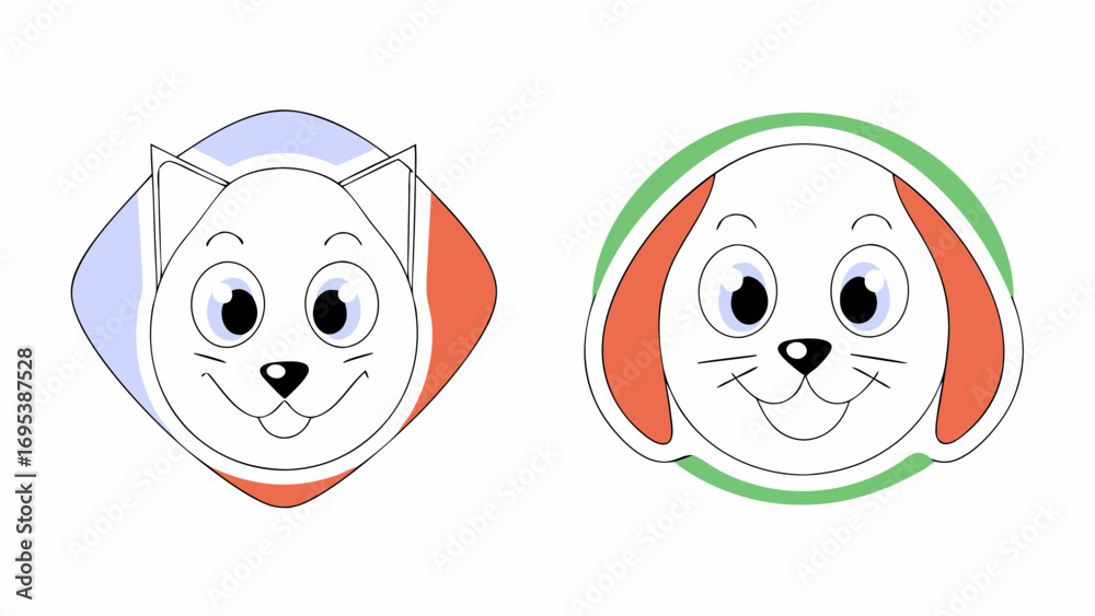Fototapeta premium Friendly Cat and Dog Cartoon Illustration – Flat Vector Outline, Minimal Cute Animal Design with White Background, Perfect for Pet Lovers, Pet Care Posters and Adoption Branding 