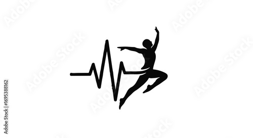 Dynamic silhouette of a dancer in mid-leap, integrated with a pulsating heartbeat line, symbolizing life and movement.