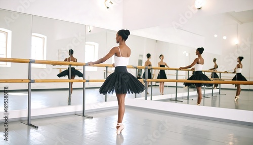 Elegant African American ballerina practicing ballet at the barre in a dance studio