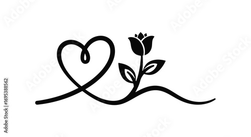Elegant black line art illustration of a heart intertwined with a blooming rose, symbolizing love and growth.
