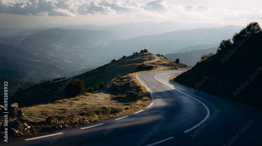 Fototapeta premium Winding mountain road descends through a valley bathed in the golden light of sunset.
