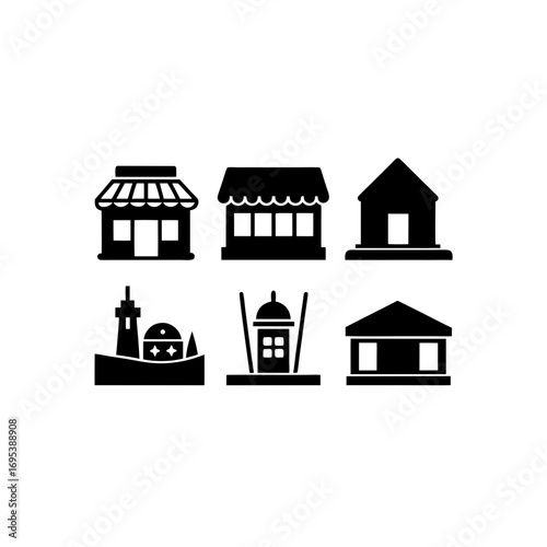 6 different food court building silhouette vector 