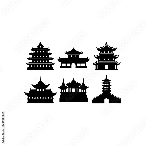 6 different forbidden city silhouette vector icons