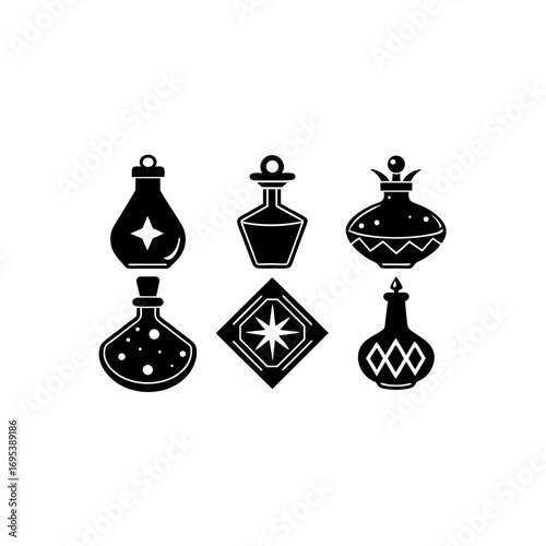 6 different glowing potion ornament silhouette vector