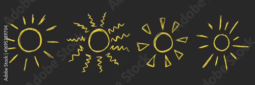 Kids crayon textured hand drawing sun icon set. Chalk grunge texture doodle yellow outline naive sun. Collection freehand childish pencil scribble sunlight. Baby elements. Vector illustration isolated