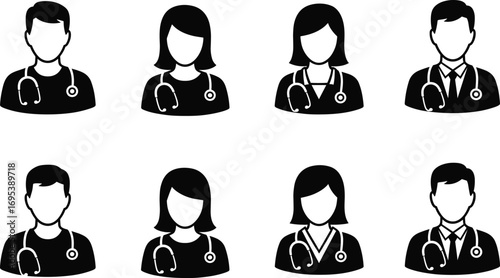 Medical professional icons, doctor avatar set, healthcare staff silhouette, male and female physicians, stethoscope illustration, hospital worker flat design