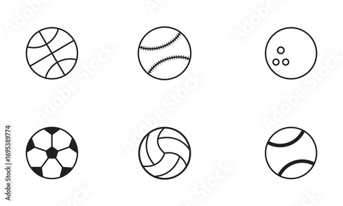 vector illustration of a tennis ball icon, set of sports balls a close-up of a basketball ball with different shapes, some spherical, vectorized logo style, minimalist logo vector art
