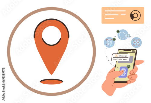 Orange location pin, user hand holding phone, verification code input, connection icons. Ideal for location services, secure authentication, mobile app, technology, communication navigation online