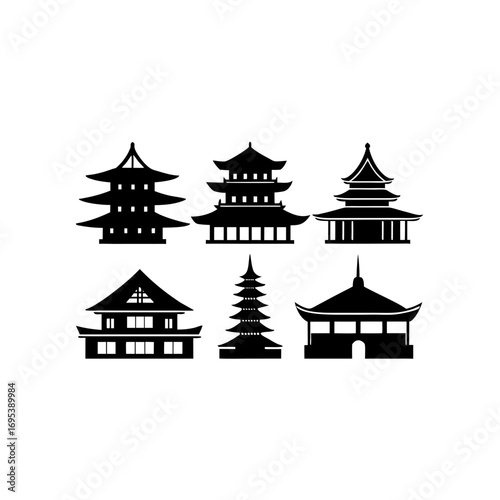 6 different kyoto temple silhouette vector icons 