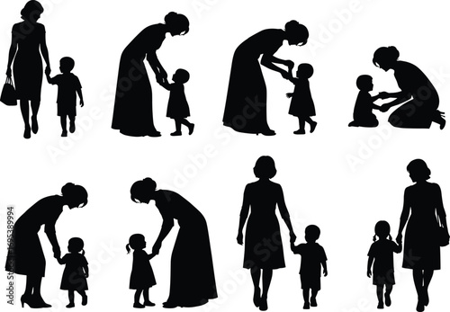 Mother and child silhouette, parenting moments, nurturing love, family bond, teaching care, emotional connection, motherhood, guiding children with love