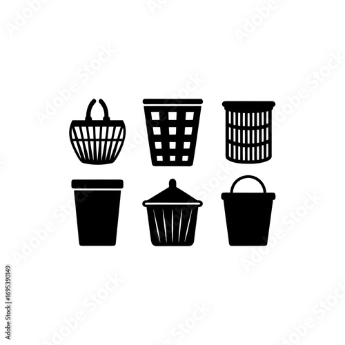 6 different laundry hamper silhouette vector icons