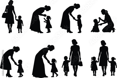 Mother and child silhouettes, family bonding moments, parenting illustration, loving care, walking together, emotional support, motherhood concept, childhood connection scene