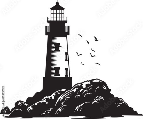 Guiding Light of the Coastline: A steadfast lighthouse, standing sentinel on a rugged cliff, sends its beacon across the vast ocean. A minimalist illustration that captures the essence of hope.