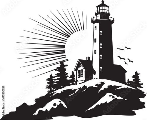 Guiding Light: A striking black and white illustration of a classic lighthouse beams a symbol of hope and guidance. Set against a bright backdrop of the rising sun