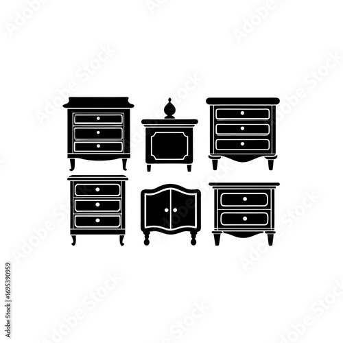 6 different nightstand silhouette vector icons set