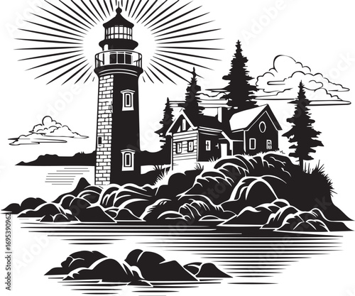 Beacon of the Coast: A vintage engraving showcases a stoic lighthouse on a rocky coastal islet, emanating light that guides ships through stormy seas.